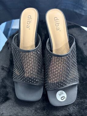 Diba Black Mesh Slide Mules with Rhinestone Mesh